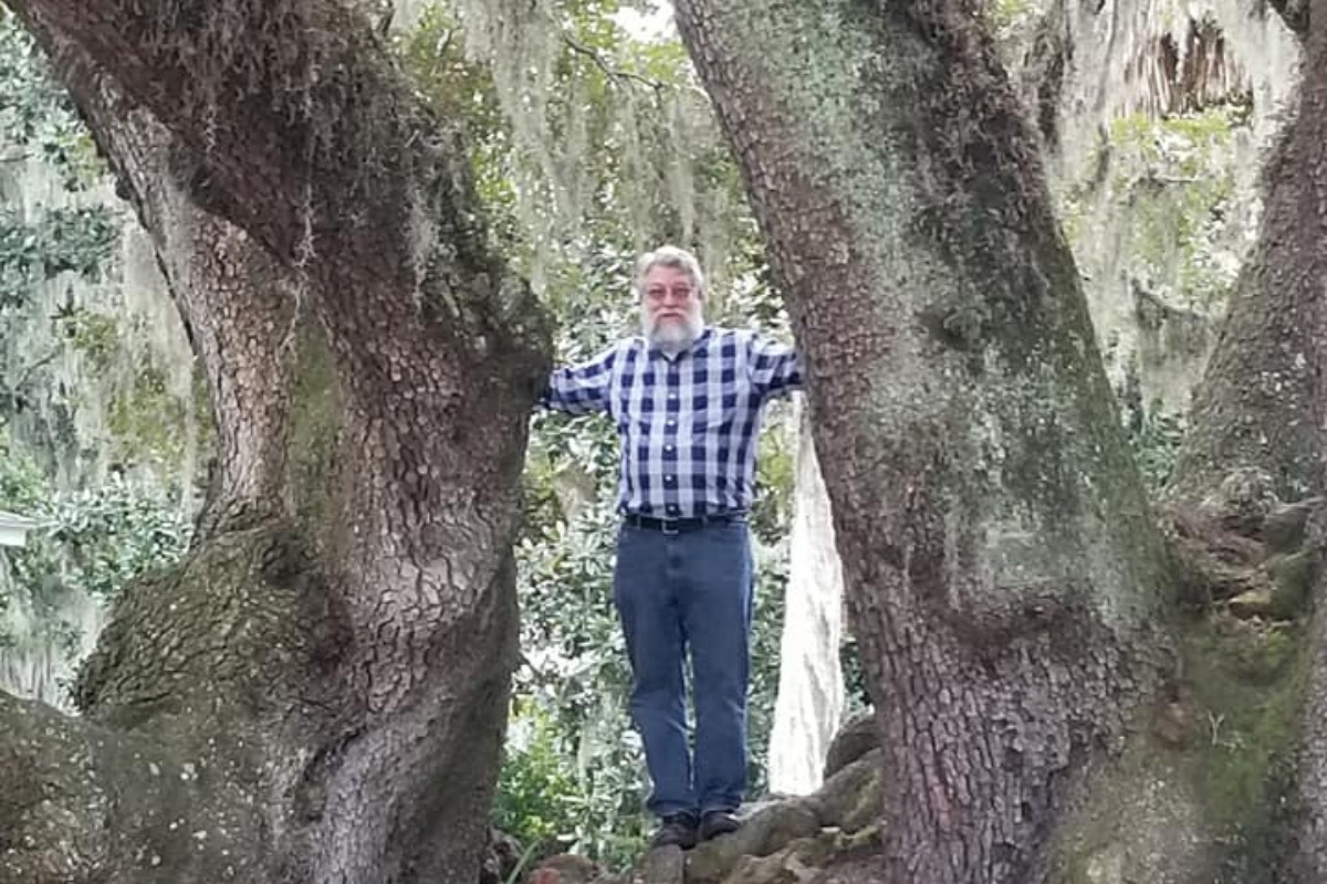 W. Jim Cortese standing inside a large tree after nearly 50 years working with trees and people